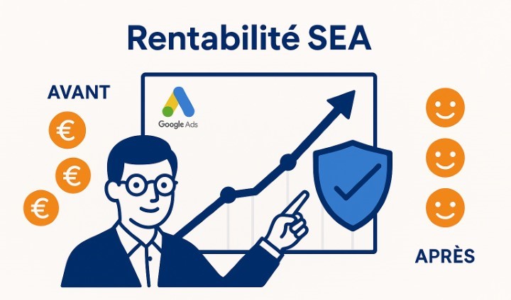 Infographie montrant un consultant SEA à Marseille analysant un graphique de rentabilité Google Ads pour une PME locale.