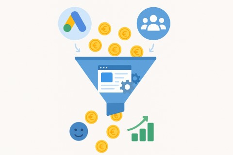 Schéma illustrant comment une agence web à Aix-en-Provence transforme un budget publicitaire en prospects qualifiés grâce à un site web performant.