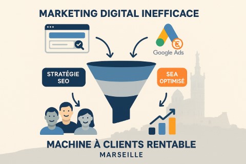 Schéma montrant un entonnoir de conversion avec des icônes représentant le SEO, Google Ads et un site web, menant à des clients satisfaits à Marseille.