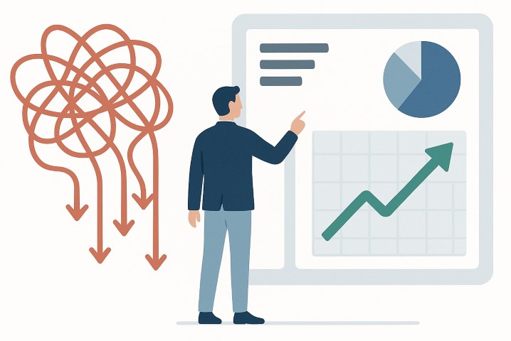 Schéma montrant un consultant en marketing digital transformant des données confuses en une stratégie de croissance claire
