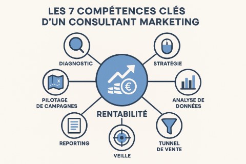 Schéma illustrant les 7 missions clés d'un consultant marketing autour d'un objectif de rentabilité