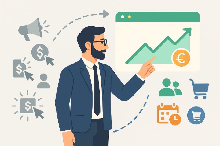 Un consultant SEA analysant des graphiques de performance de campagnes Google Ads pour optimiser la stratégie d'acquisition d'un client.