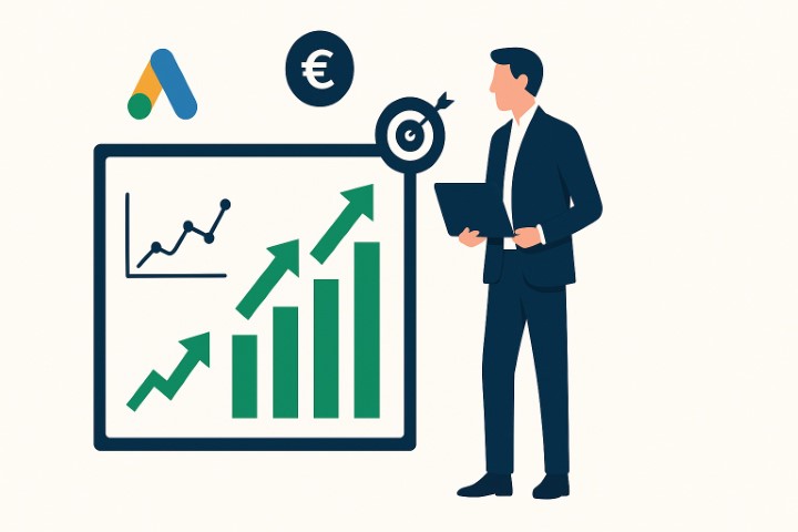 Consultant webmarketing analysant les résultats d'une campagne Google Ads pour une PME, illustrant l'optimisation du ROI.