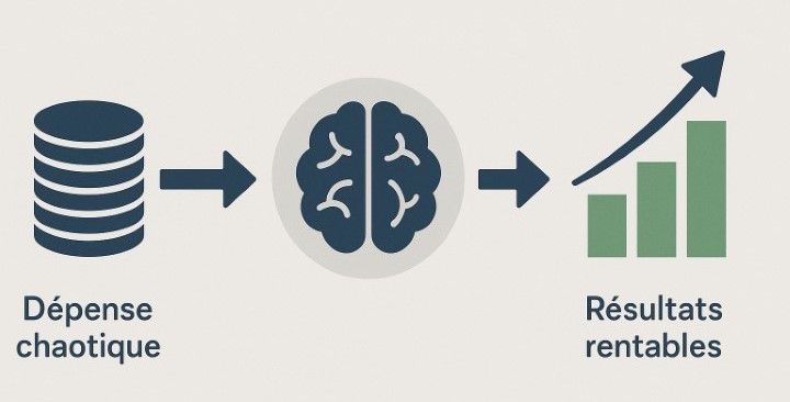 Schéma illustrant comment définir un budget Google Ads efficace pour transformer les clics en clients rentables.