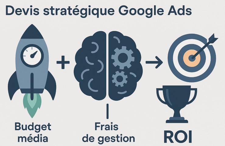 Infographie expliquant la différence entre budget média et frais de gestion pour un devis Google Ads efficace