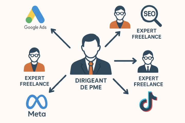 Schéma illustrant les différents canaux d'acquisition de trafic (SEO, SEA, Meta Ads) et l'expert freelance associé à chacun.