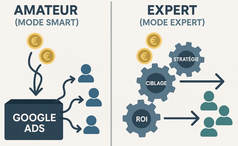 Infographie montrant la différence entre un expert Google Ads et un amateur en termes de stratégie et de résultats.