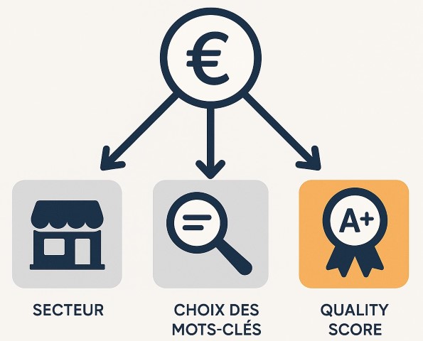Infographie présentant les 3 facteurs qui influencent le prix de Google Ads : le secteur d'activité, le choix des mots-clés et le Quality Score.