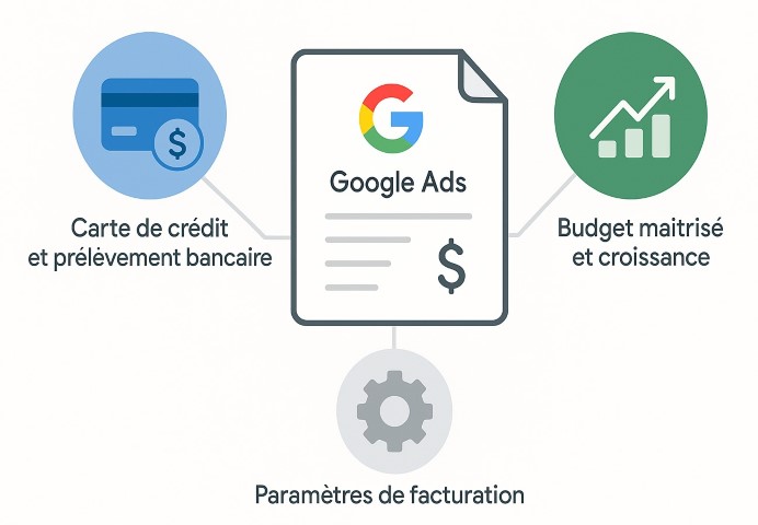 Schéma explicatif de la facturation Google Ads pour les PME, montrant une facture, des modes de paiement et un graphique de budget maîtrisé.