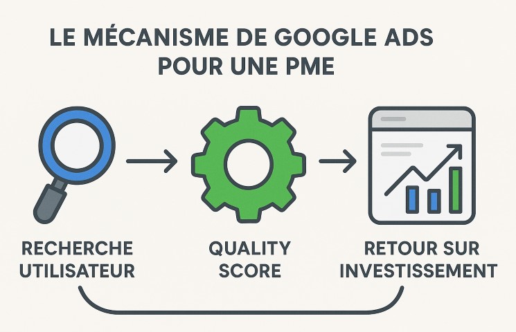 Schéma expliquant le fonctionnement de la publicité sur Google Ads pour une PME, montrant l'enchère, le quality score et la conversion en client.