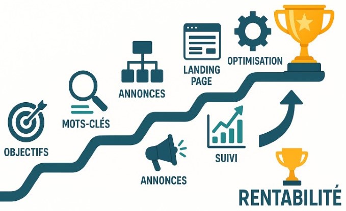 Infographie montrant les 7 étapes clés de la gestion de campagne Google Ads pour atteindre la rentabilité.