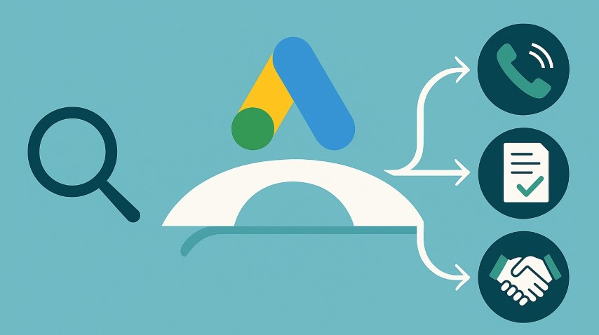 Schéma illustrant comment Google Ads transforme une recherche client en conversion pour une entreprise