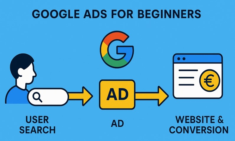 Schéma simplifié expliquant le fonctionnement de Google Ads pour les débutants, montrant une annonce, un mot-clé et un client potentiel.