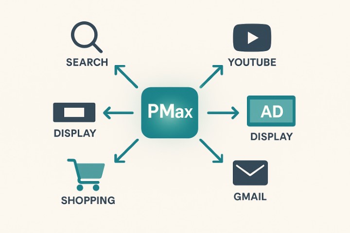 Schéma conceptuel montrant le fonctionnement d'une campagne Google Ads Performance Max avec les différents canaux