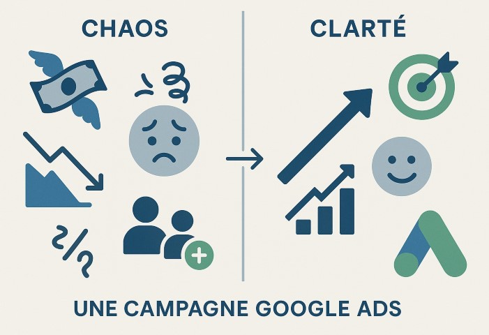 Infographie montrant les étapes clés d'une campagne publicitaire Google Ads réussie pour une PME.