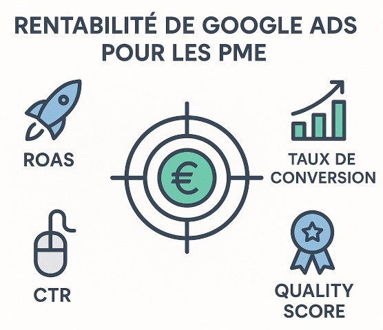 Infographie montrant les indicateurs de performance clés (KPI) pour une campagne Google Ads rentable pour une PME