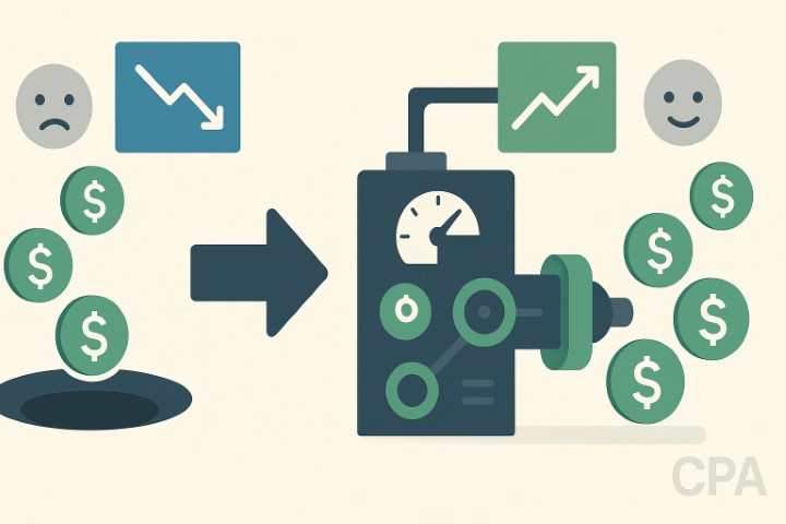 Infographie montrant la transformation d'une dépense publicitaire floue en un investissement rentable grâce au calcul du Coût d'Acquisition Client (CPA).