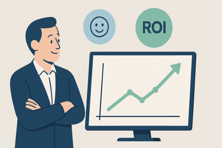 Un dirigeant de PME souriant devant un tableau de bord affichant des indicateurs de performance Google Ads positifs, symbolisant la réussite grâce à une agence.