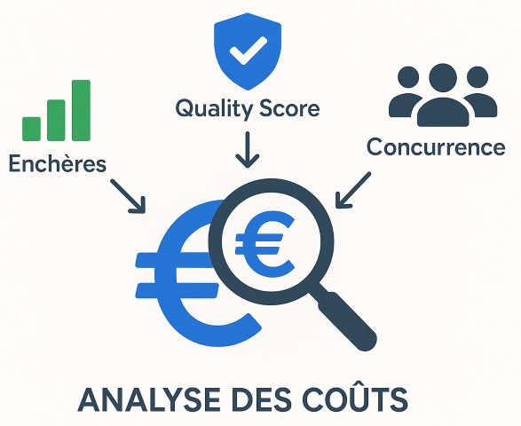 Infographie montrant un graphique de coût par clic (CPC) avec des icônes représentant le Quality Score, les enchères et la concurrence sur Google Ads.