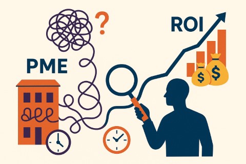 Infographie montrant un consultant marketing digital aidant une PME à dénouer des fils de marketing complexes pour générer de la rentabilité et du ROI, avec des flèches de croissance et des symboles monétaires.