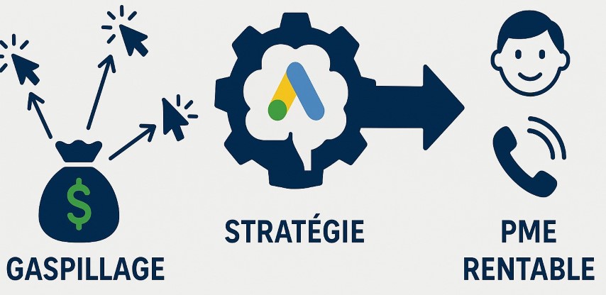 Schéma illustrant une stratégie Google Ads rentable pour une PME, transformant le budget en clients qualifiés.