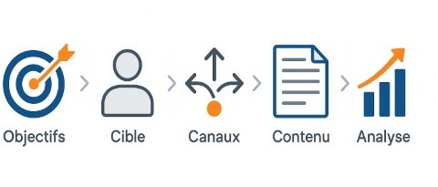 Infographie représentant les 5 étapes d'une stratégie webmarketing : Objectifs, Cible, Canaux, Contenu, Analyse.