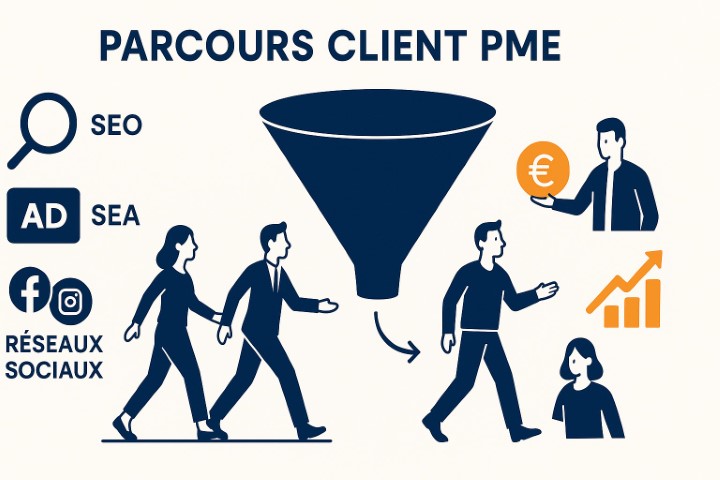 Schéma illustrant les stratégies d'acquisition client pour PME, du SEO au SEA en passant par les réseaux sociaux et l'emailing