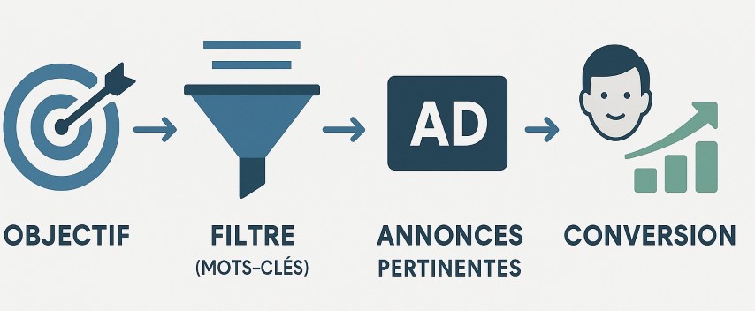 Schéma illustrant la structure d'une campagne Google Ads performante, de l'objectif aux mots-clés, menant à la conversion client.