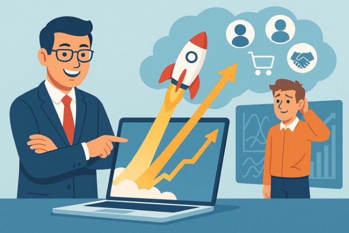 Expert en marketing digital présentant des résultats de croissance pour une PME grâce à la publicité en ligne.