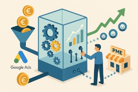 Schéma conceptuel montrant un consultant Google Ads transformant un budget publicitaire en croissance et en clients qualifiés pour une PME.